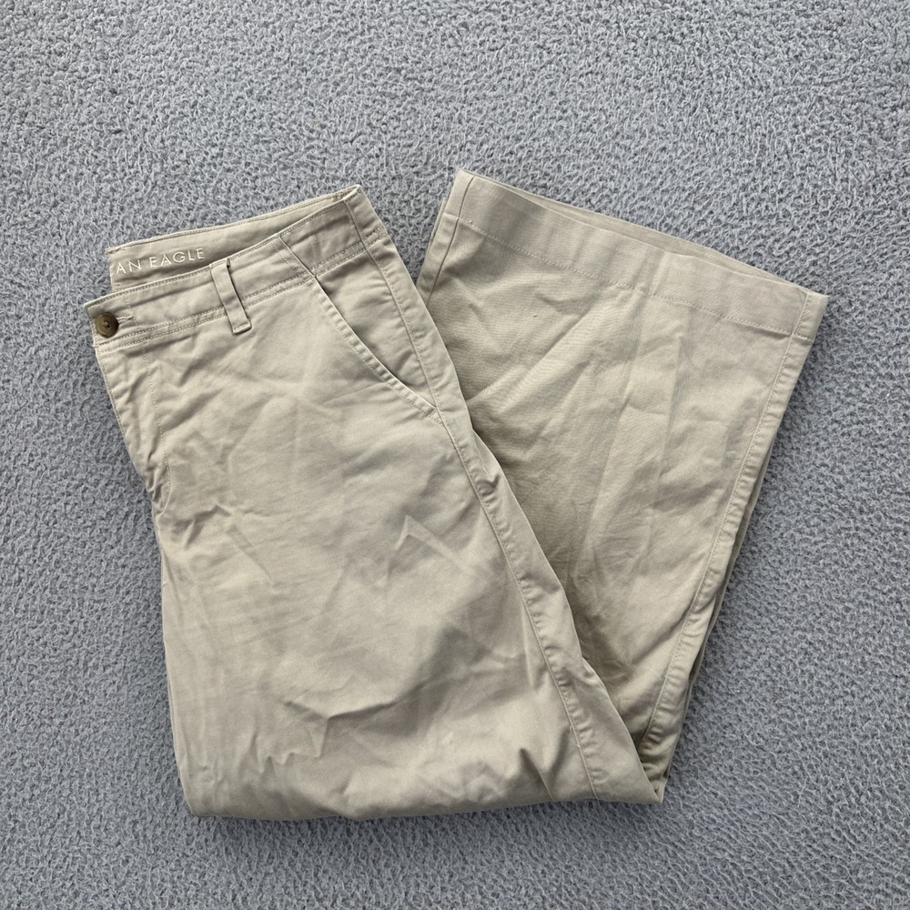 American Eagle Wide Leg Trouser Pants Khaki Stretch Retro Boho Women's 12 x 27